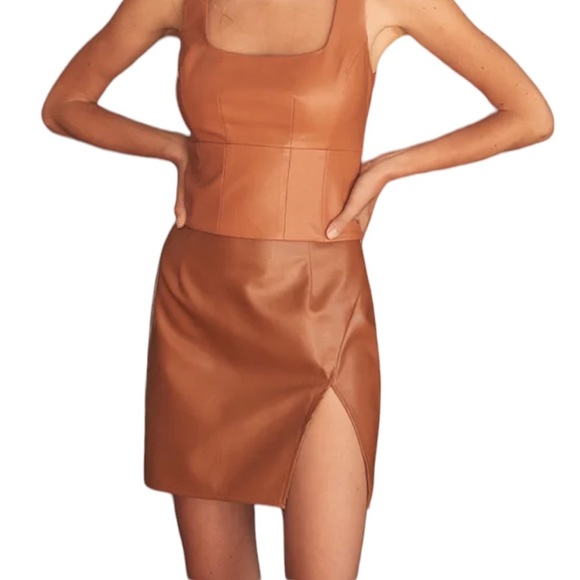 Dresses & Skirts - Lulus Walking the Walk Camel Vegan Leather Mini Skirt With Front Notch Slit Sz L